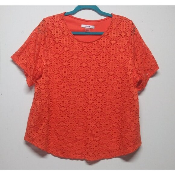 Womens top blouse ALIA LACE OVERLAY Size PXL short sleeve STRETCH Orange lined - Picture 6 of 6